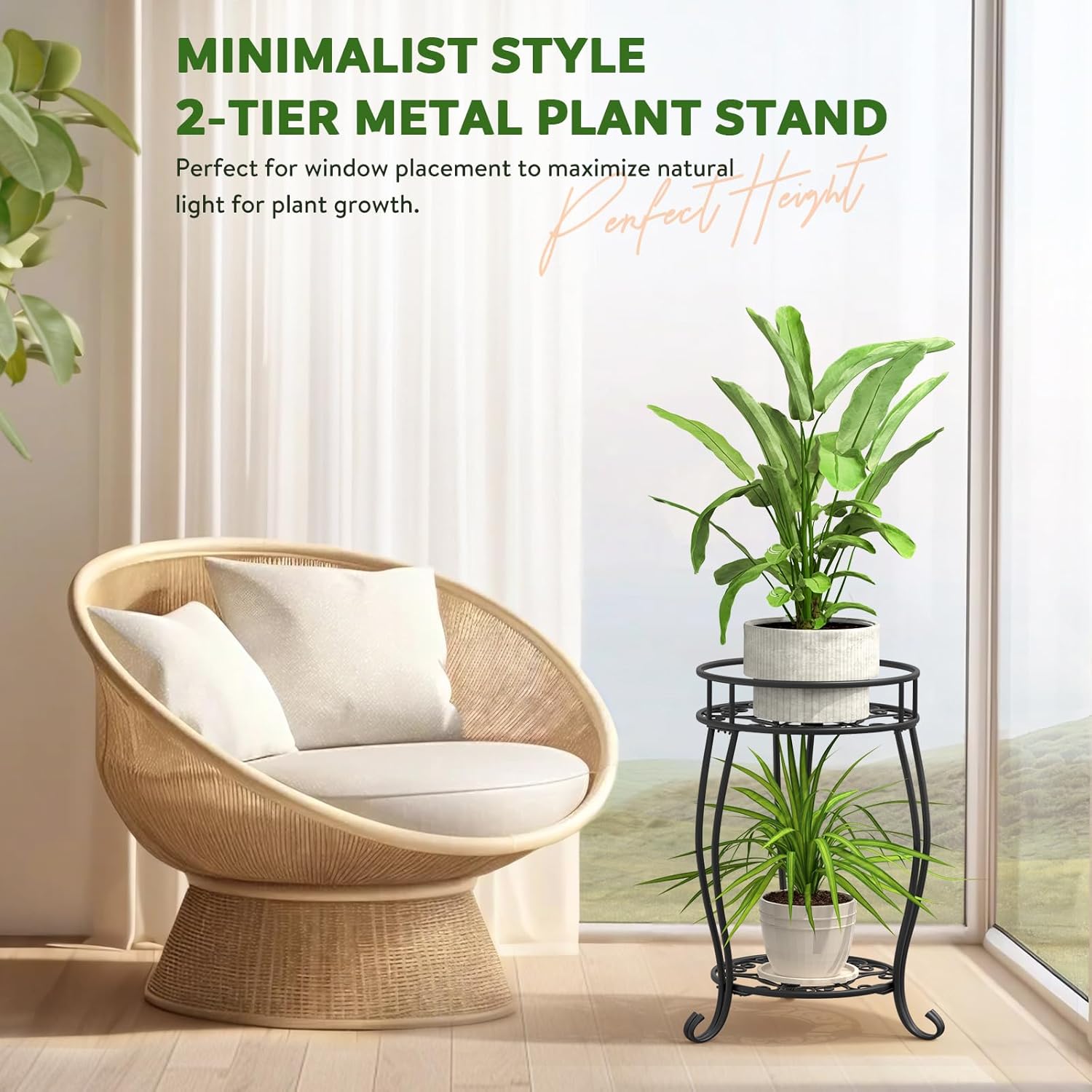TOSKING 2-Tier & 9.1'' Single Metal Plant Stand Set – Single Stand with Adjustable Leveling Feet, Rustproof Heavy Duty Flower Pot Holder for Indoor/Outdoor, Stable Multiple Plant Rack for Balcony Garden Patio Living Room Bedroom, Black