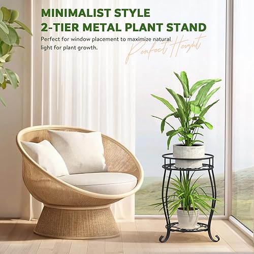 Miniatura 4 de TOSKING Soporte de metal de 2 niveles para plantas para interiores y exteriores, resistente al óxido, soporte estable para múltiples plantas,