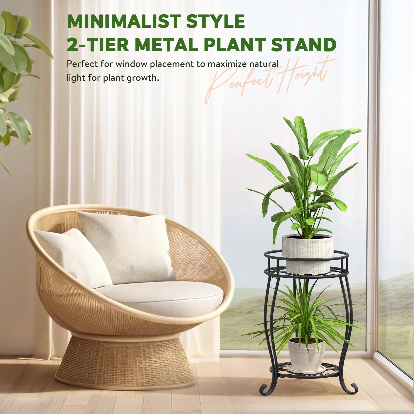 Soporte de metal de 2 niveles para plantas para interiores y exteriores, resistente al óxido, soporte estable para múltiples plantas, soporte para macetas para sala de estar, balcón, jardín, patio 3