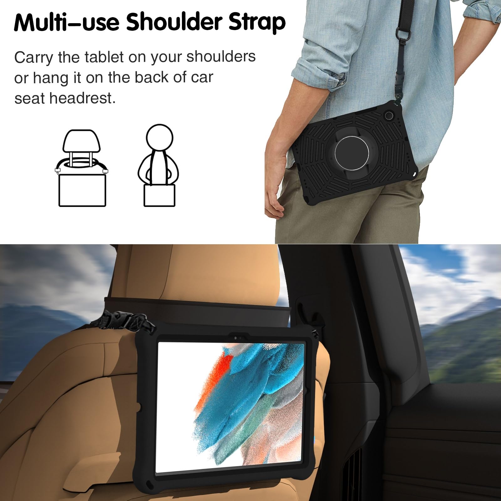 Funda protectora completa Compatible con Galaxy Tab A8 10.5 pulgadas X200/X205 (2021), funda protectora ligera a prueba de golpes con asa y soporte, funda protectora antideslizante.(Svart)