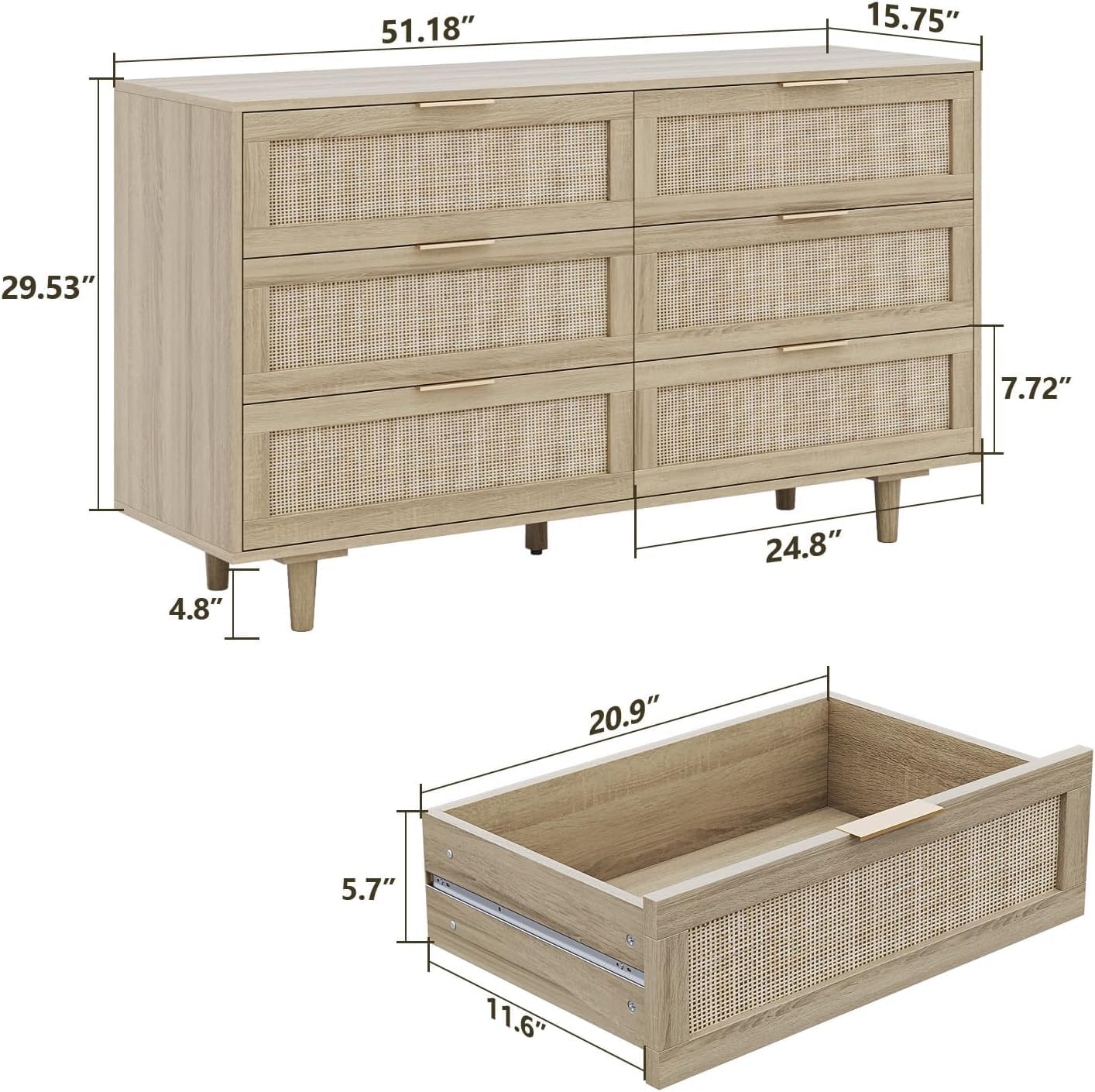 Angel Sar 51'' Rattan Dresser for Bedroom, Boho 6 Drawer Dresser with Golden Handles & Hand Woven Rattan Design, Wide Chest of Drawers for Bedroom, Large Wood Dressers for Storage, Oak