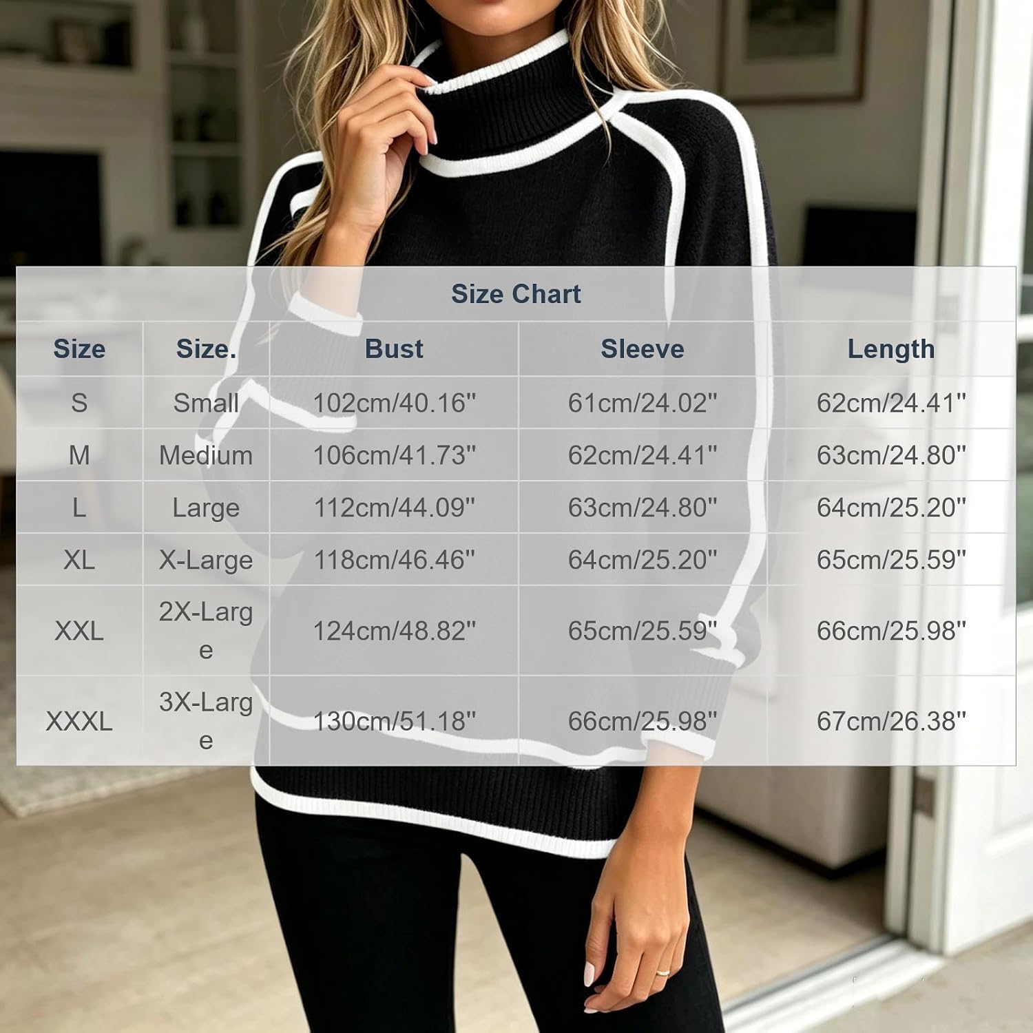 Women's Turtleneck Sweater Long Sleeve Contrast Border Pullover Top