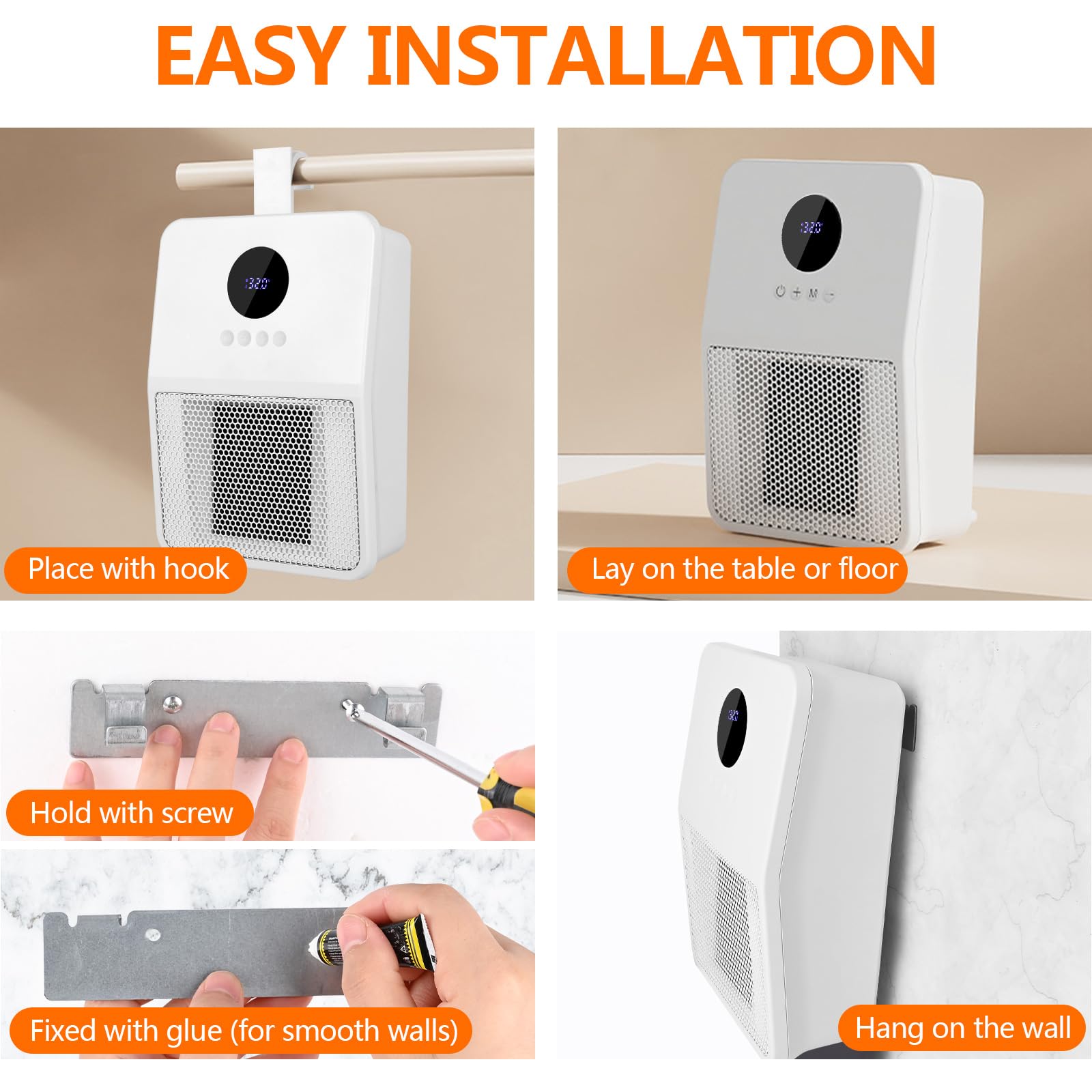 Radiateur Soufflant Céramique 1500 W, Chauffage d'Appoint avec thermostat réglable, Montage Mural Chauffage Soufflant Salle de Bain, 3 Réglages de Température, Chauffage pour Chambre Blanc (1500W)