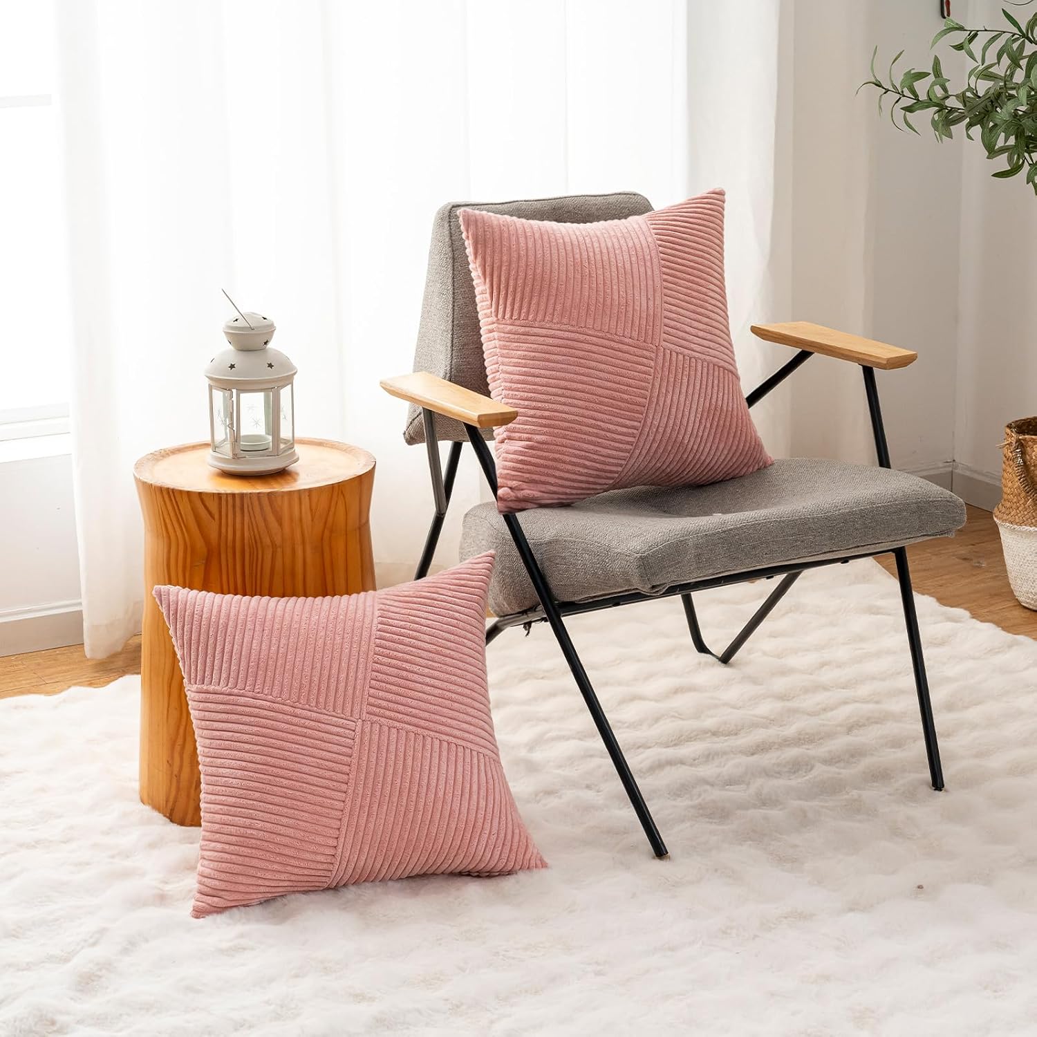 Decorative Throw Pillow Covers 16x16 Inch Set of 2 for Boho Living Room Farmhouse Home Decor, Spring Pillow Covers for Couch Bed, Soft Corduroy Striped Patchwork Cushion Cases, Blush Pink - Image 7