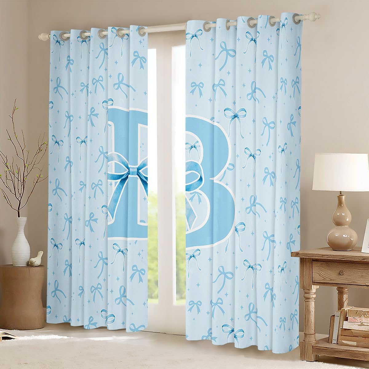 Feelyou Cute Blue Bow Curtains for Bedroom Living Room Monogrammed Blackout Shades Personalized Initial B Room Darkening Curtain Kawaii Coquette Bowknot Window Treatments, 2 Panels 38 x 45 Inch Decor image 2