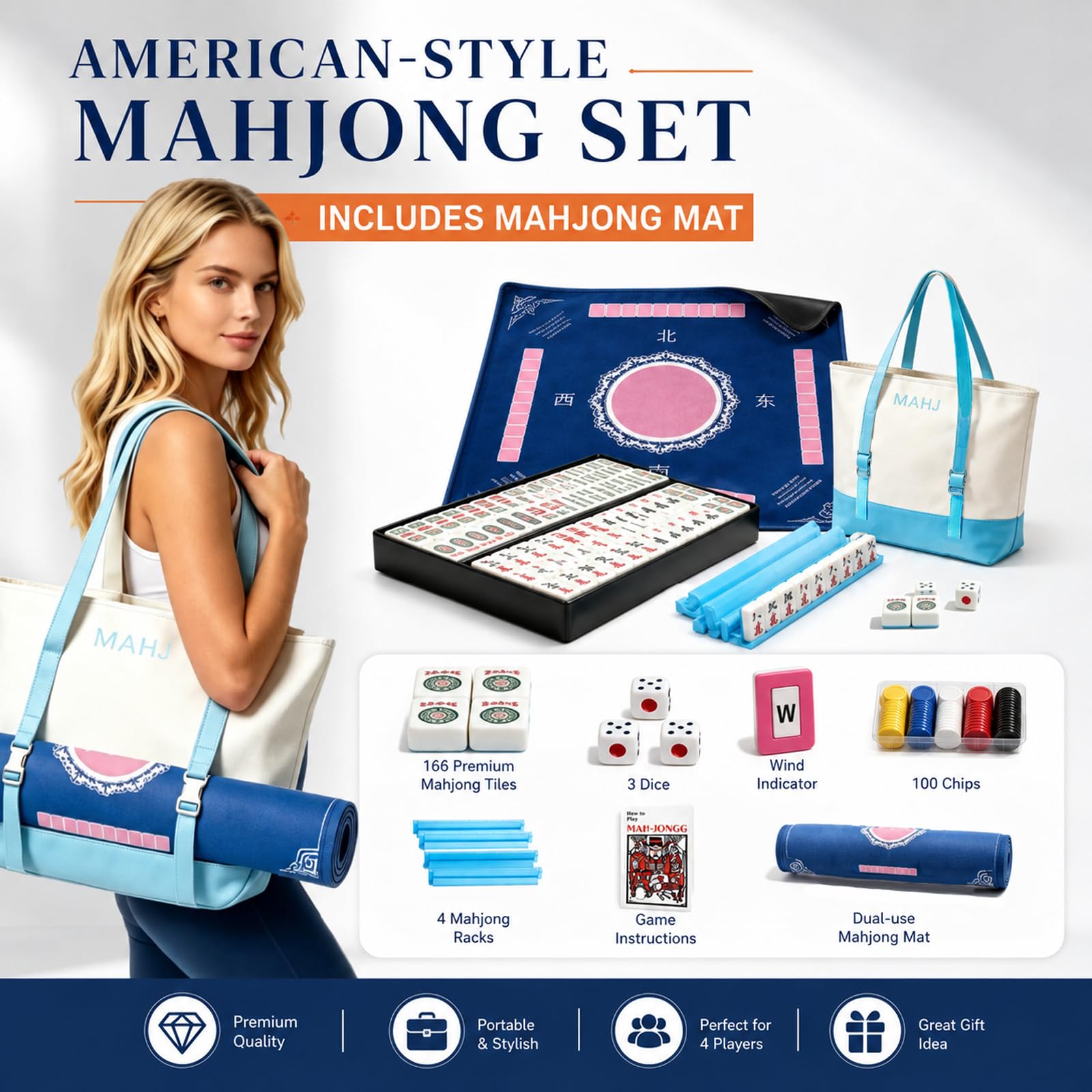 American Mahjong Set, Mahjong Fliesen Set mit Premium Mahjong Matte, 166 tief gravierte Melamin-Fliesen, 4 Rackschieber, große Punktechips, Reise Mahjong Spielset