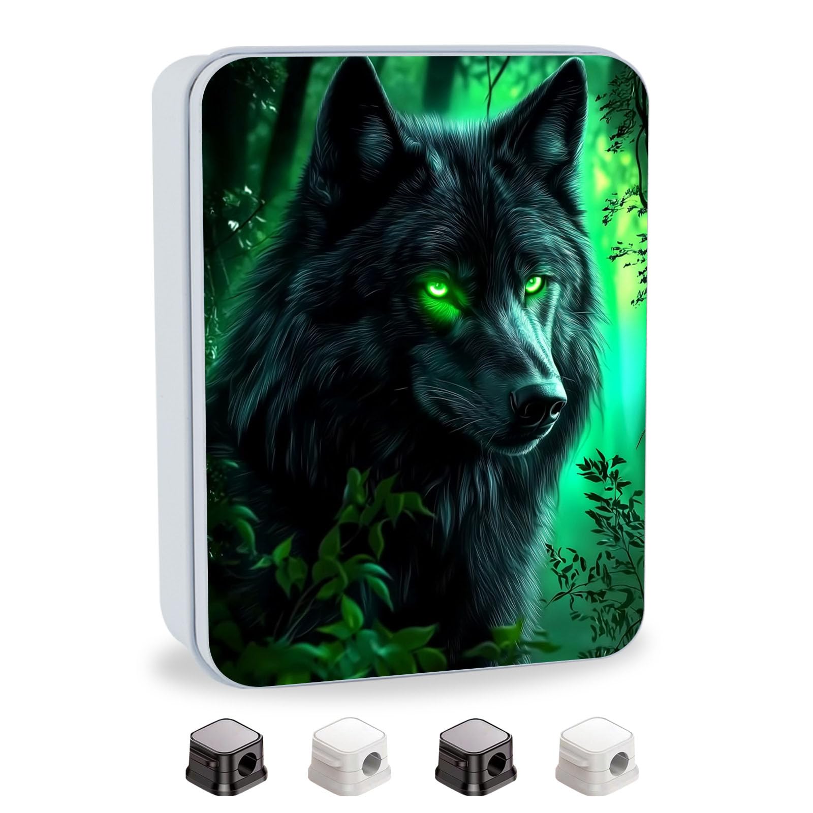 Metal Tin Box with Lid,Multi-functional Storage Large Box Can Store Tea Biscuits Game Cards, Playing &amp; Tarot Cards-Comes with 4 Magnetic Cord Clips,Wolf with Glowing Green Eyes