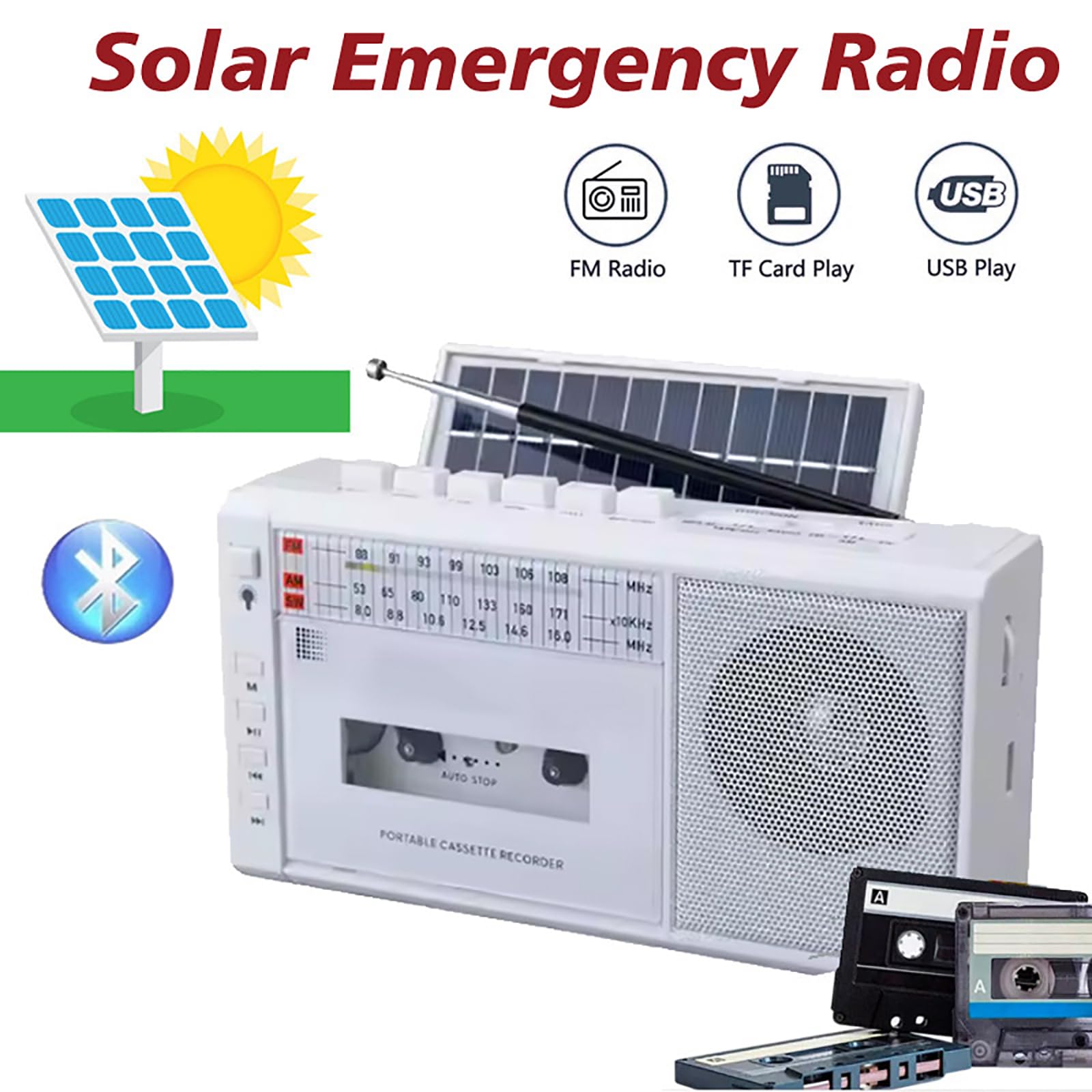 KEhtu Reproductor De Casetes Solar, Grabador De Altavoz Bluetooth Portátil, Recargable, Admite Reproducción USB, para Música, Aprendizaje De Idiomas, Regalos para Estudiantes Y Personas Mayores.