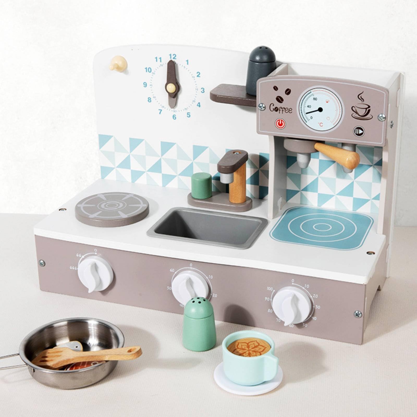 Cucina Giocattolo Bambini Set Cucina Giocattolo Piano Cottura Lavandino Stazione Caffè Legno Acciaio Orologio E Dettagli Deposito Adatta per Gioco Collaborativo Attività Prescolare Casa