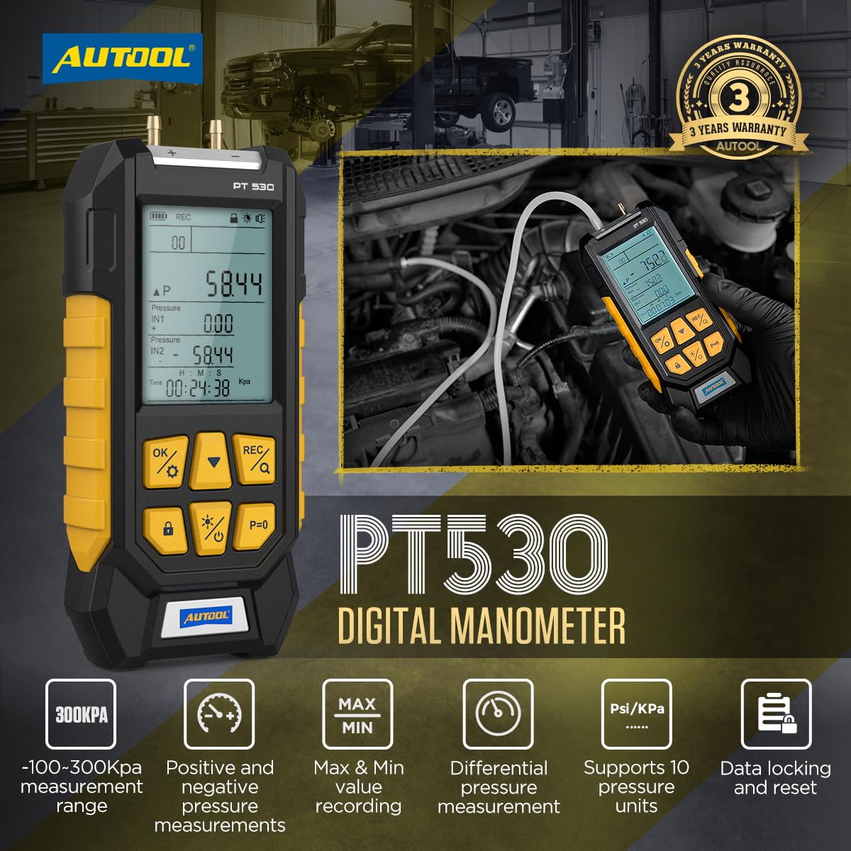 Digital Manometer, ±0.25% FS High Precision Differential Pressure Gauge with 10 Units, -100~300kPa Range, for Automotive Engine, HVAC and Gas System Testing