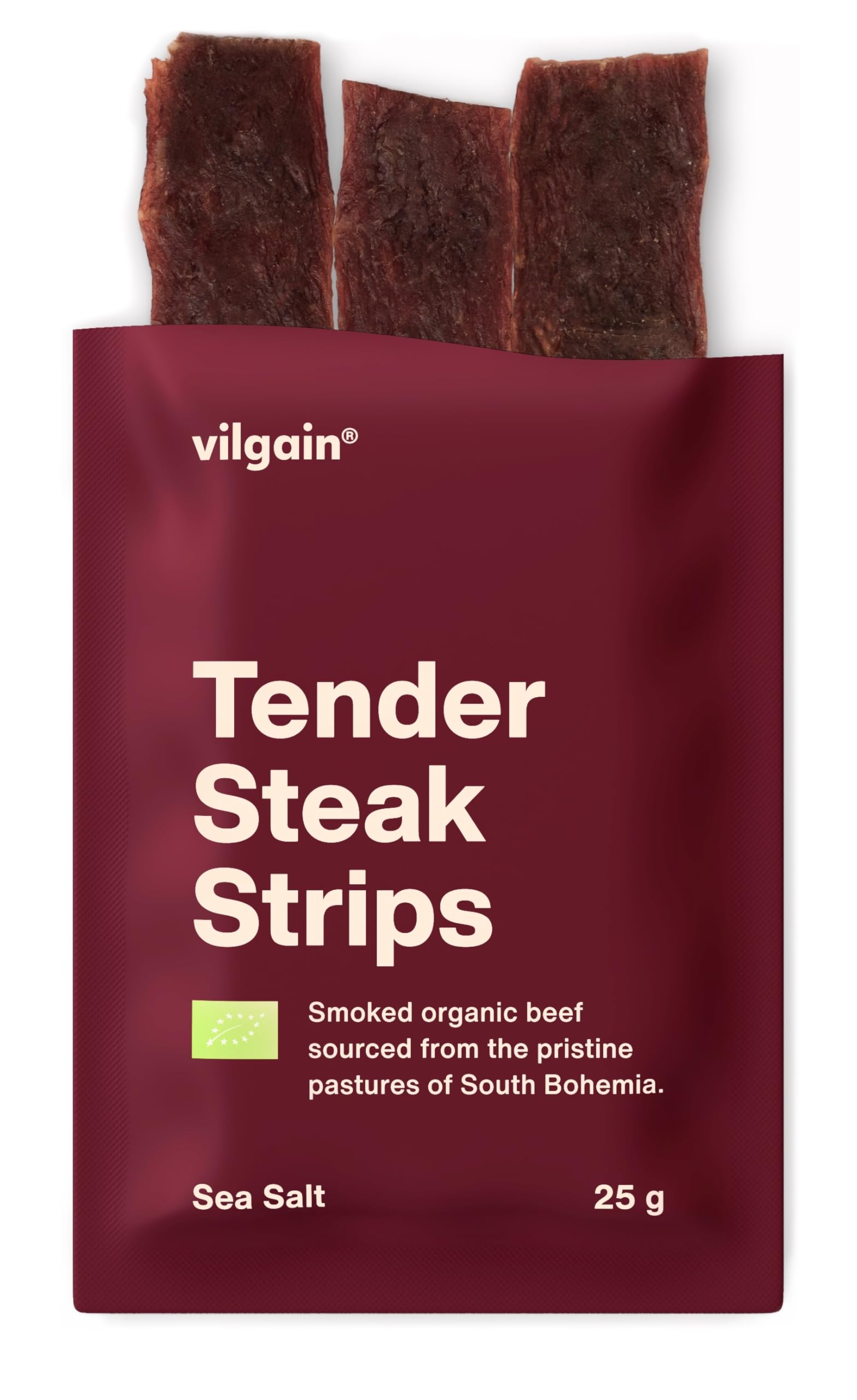 Vilgain Getrocknete Steakstreifen BIO – 25 g, 98,5% hochwertiges Rindfleisch, proteinreich, salziger Snack, ohne Zusatzstoffe, aus zertifizierten Bio-Betrieben, ideal für unterwegs