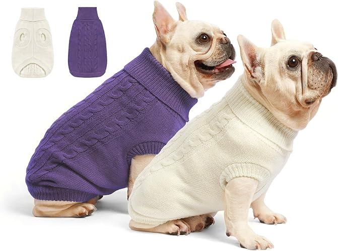 Roseelk 2 Pack Dog Sweaters for Small Dogs - Puppy Medium Warm Clothes in Winter, Turtleneck Pullover Design for Boy Girl Pet, Doggie, Cat, Kitten Chihuahua Bulldog Pug Beagles (S, Purple, Beige) - Small - Purple+Beige