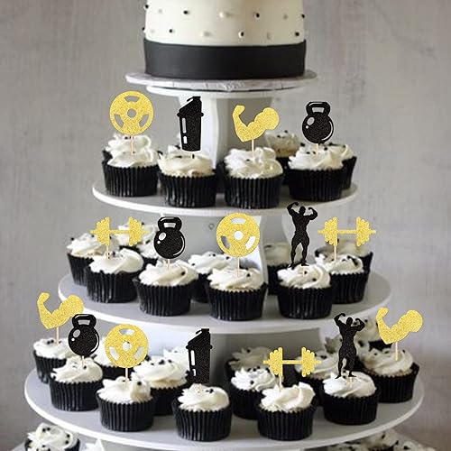 Miniatura 3 de 24 piezas de adornos para cupcakes de entrenamiento de gimnasio, mancuernas con purpurina para bíceps, pesas rusas para levantamiento de pesas, para
