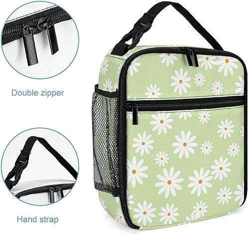Miniatura 4 de LynaRei Lonchera portátil con aislamiento para mujer, diseño de margaritas verdes, bonita bolsa de almuerzo para niña, escuela, reutilizable,