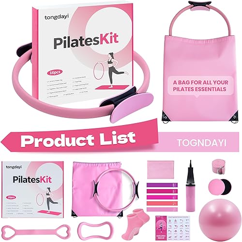 Miniatura 6 de Inicio Equipo de pilates para mujer, kit de pilates con anillos de pilates de 14 pulgadas, pelota de yoga, discos deslizantes, bandas de pilates y