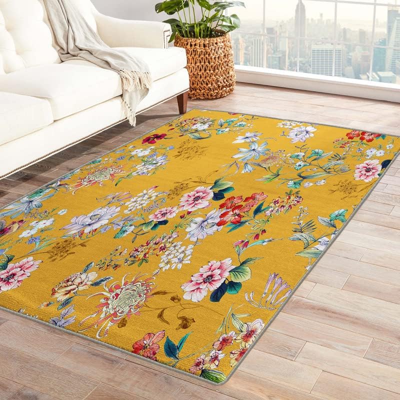 Alfombras lavables para entrada, sala de estar, dormitorio, alfombra botánica y decoración del hogar, alfombra floral mostaza de 2 x 3,