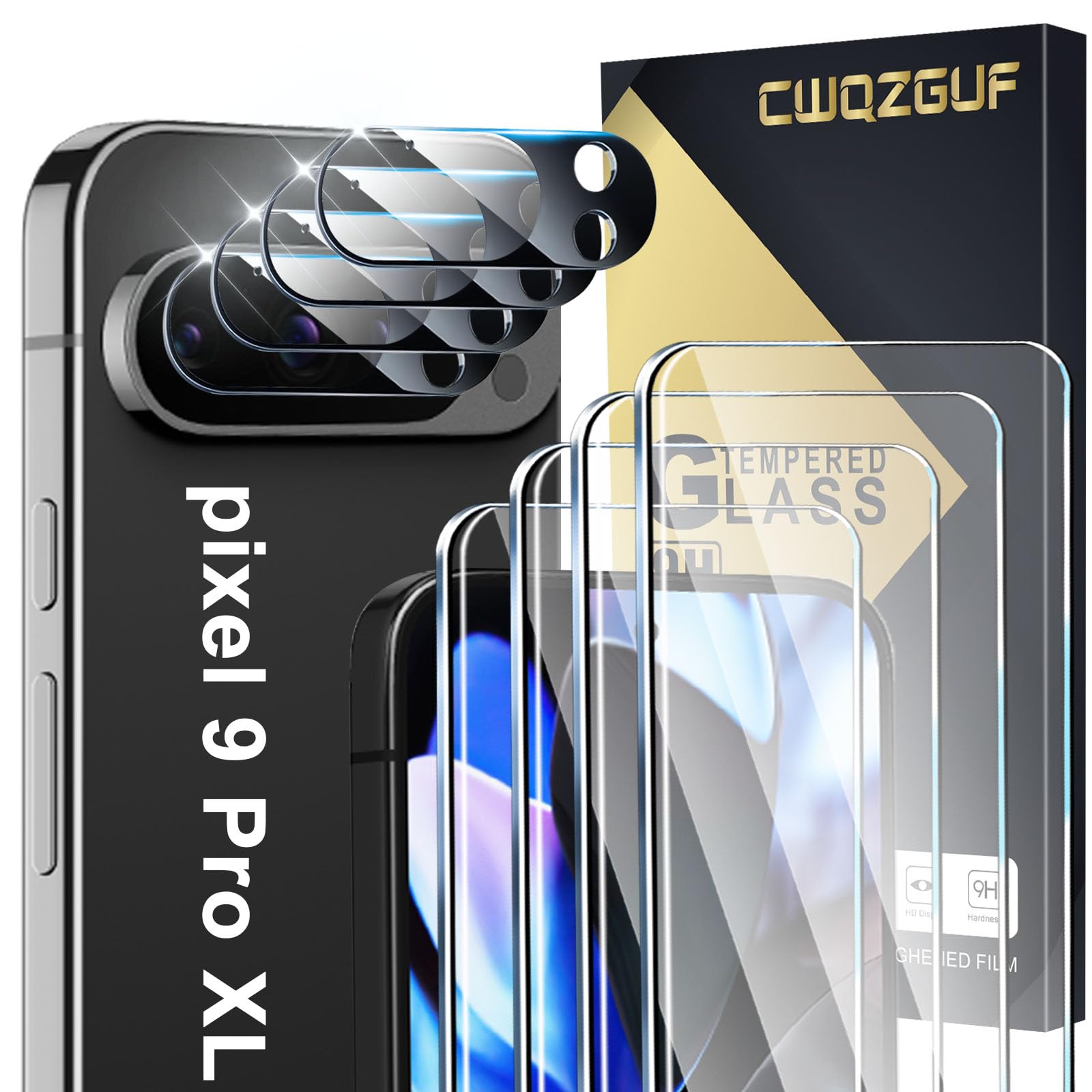 Pixel 9 Pro XL Screen Protector [4+4 Pack] Camera Lens Protector, Fingerprint Unlock Support, HD Tempered Glass, Touch Sensitive, Anti Scratch, for Google Pixel 9 Pro XL 5G Glass Screen Protector