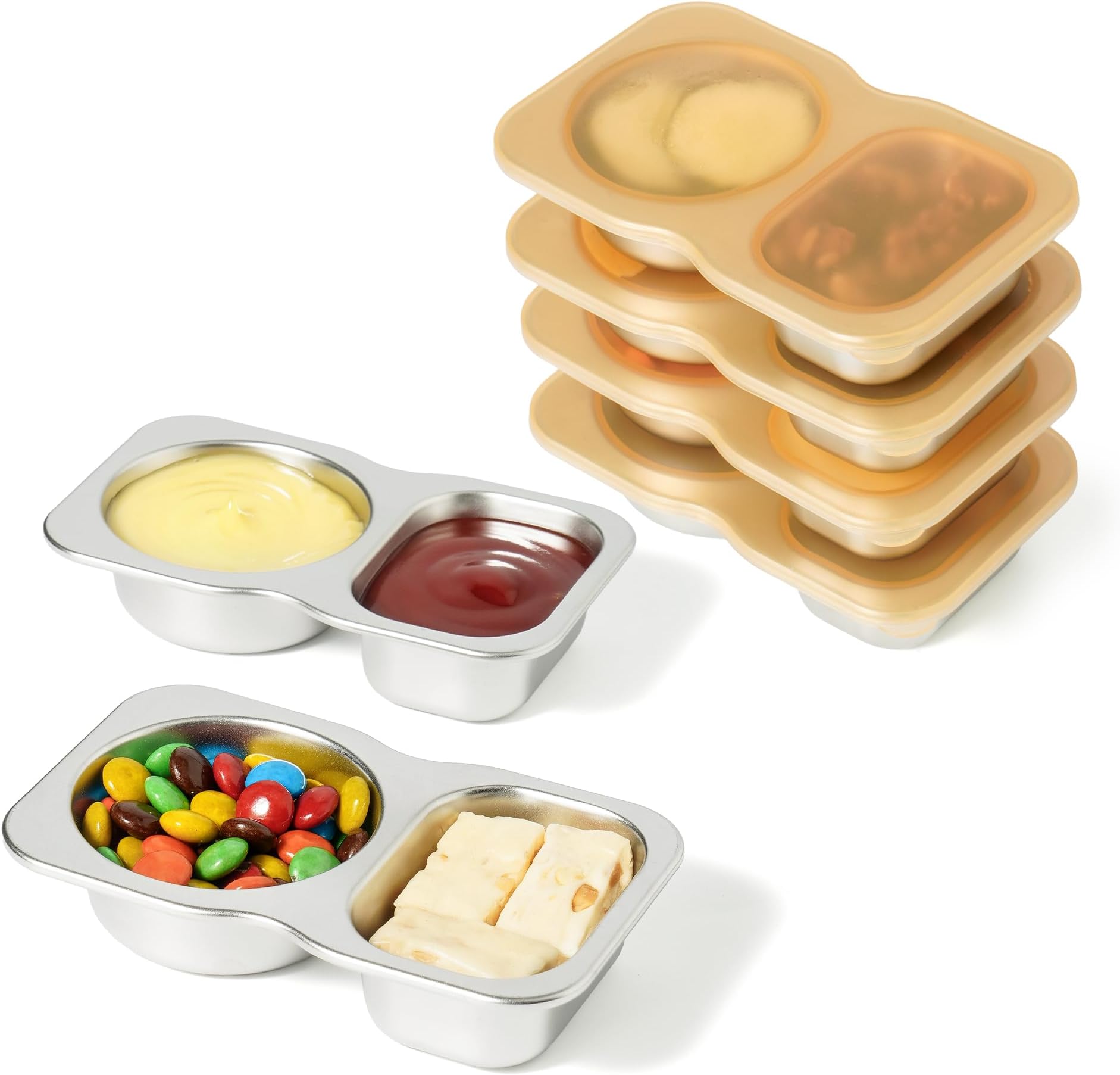 6 Pack Stainless Steel 2-Compartment Small Snack Containers with Lids 5.3oz Lunchable Meal Prep Containers for Adult Reusable Divided Stackable Bento Lunch Box Accessories for Home Travel