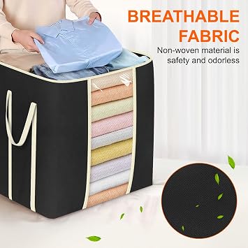MISSLO King Comforters Storage Bag 120L for Blankets Clothes Sweaters Beddings Organizer with Reinfored Handles Non-Metal Fabric Storage Bin Organizer, Black