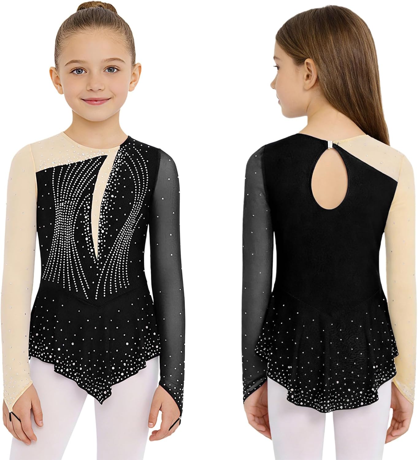 Kids Girls Figure Skating Dress Rhinestone Lyrical Dance Dress Skirted Bodysuit Practice Training Leotard