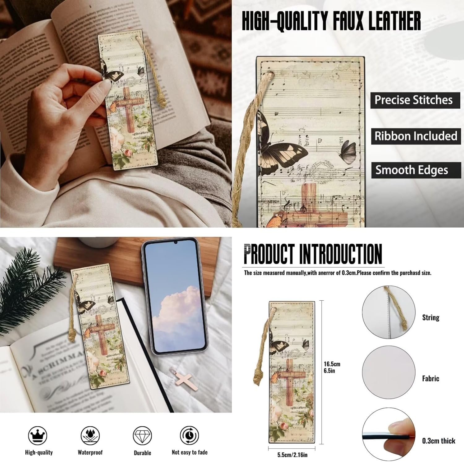 Kuiaobaty PU Leather Bible Covers with 2 PCS Bookmarks Retro Cross Rose Note Print Church Bag for Women XXL Size Portable Book Carrying Case with Zippered Pockets Christian Bag Bible Study Supplies