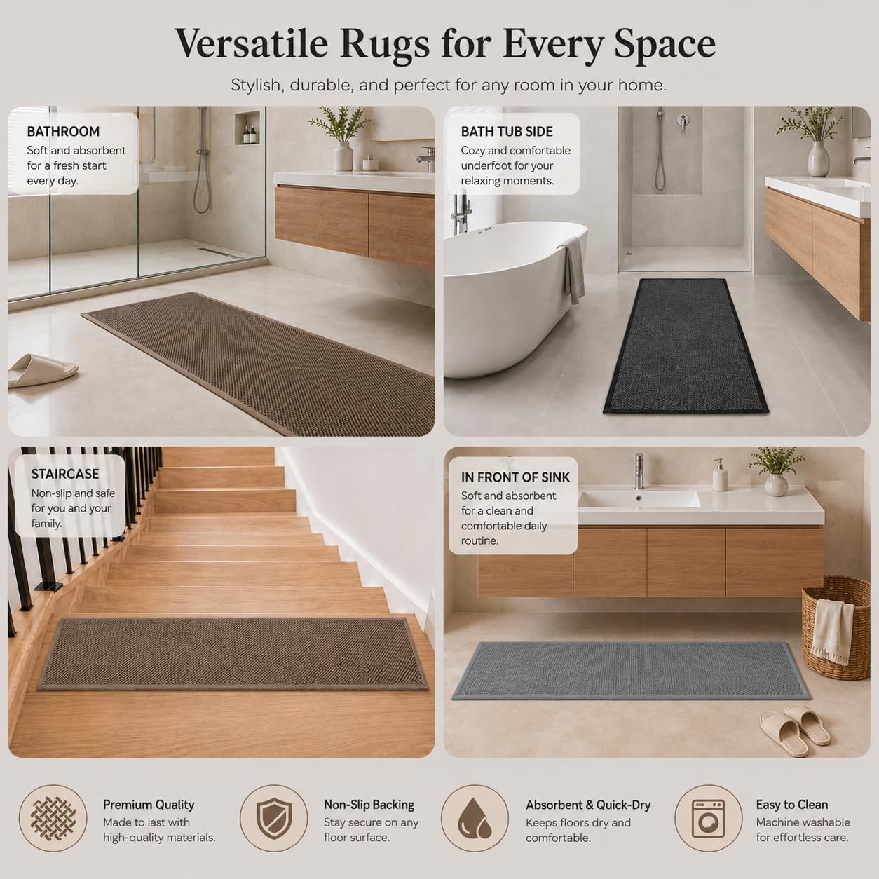 Super Absorbent Bath Runner Mat, Non-Slip 12 inchs Wide Bathroom Rug, Long Narrow Floor Carpet for Shower, Machine Washable (Black/Grey, 12''X47'')