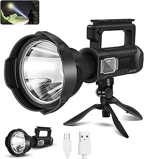 Rechargeable High Lumens Spotlight Flashlight, 100000 Lumens Super Bright LED Searchlight with Tripod, 4 Modes, IPX5 Waterproof, Handheld Spotlight for Camping, Home Security, Emergency