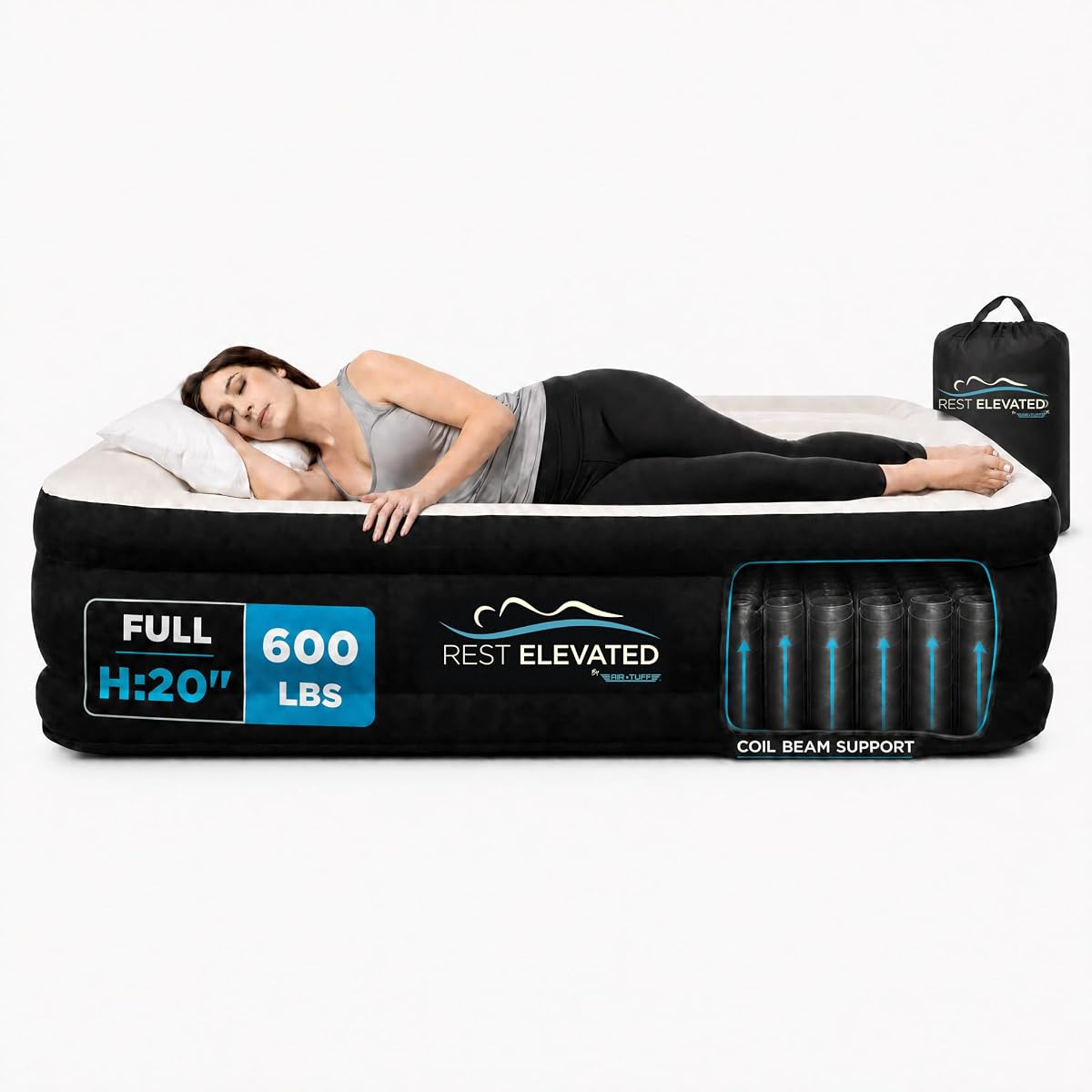 Rest Elevated Full Air Mattress with Built-in Pump, 20" Raised Height | Coil-Beam Support Holds 600 lbs, No Sag | Flocked Pillow Top, Adjustable Firmness | Blow Up Airbed for Guests & Camping [Black]