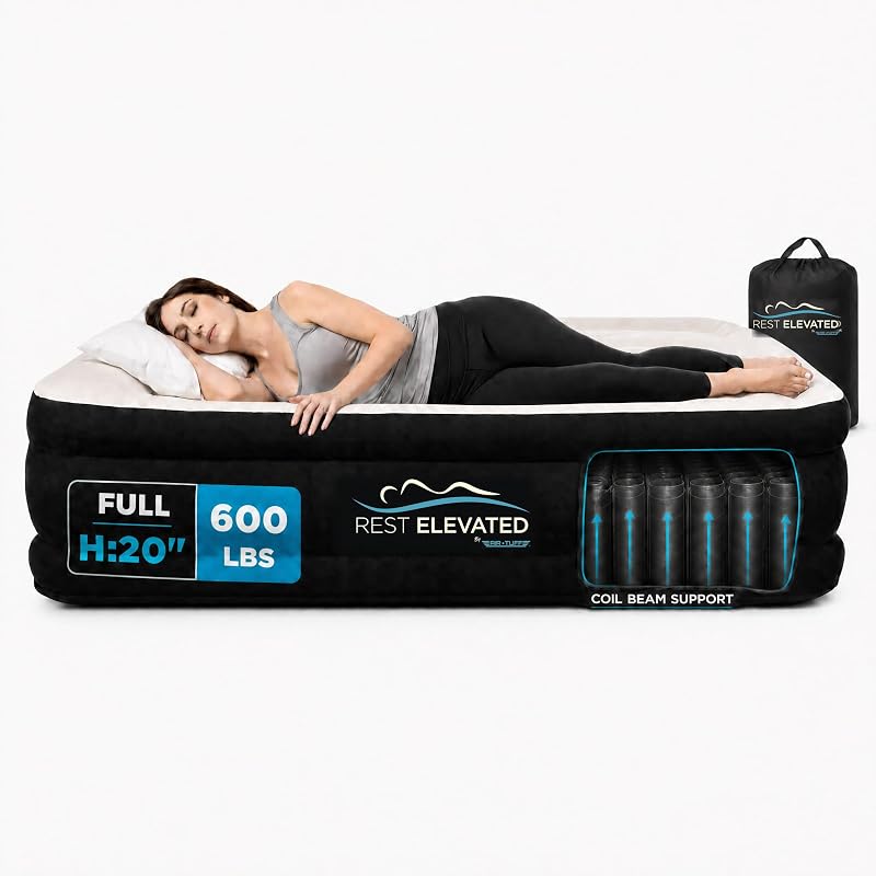 Rest Elevated Full Air Mattress with Built-in Pump, 20" Raised Height | Coil-Beam Support Holds 600 lbs, No Sag | Flocked Pillow Top, Adjustable Firmness | Blow Up Airbed for Guests & Camping [Black]