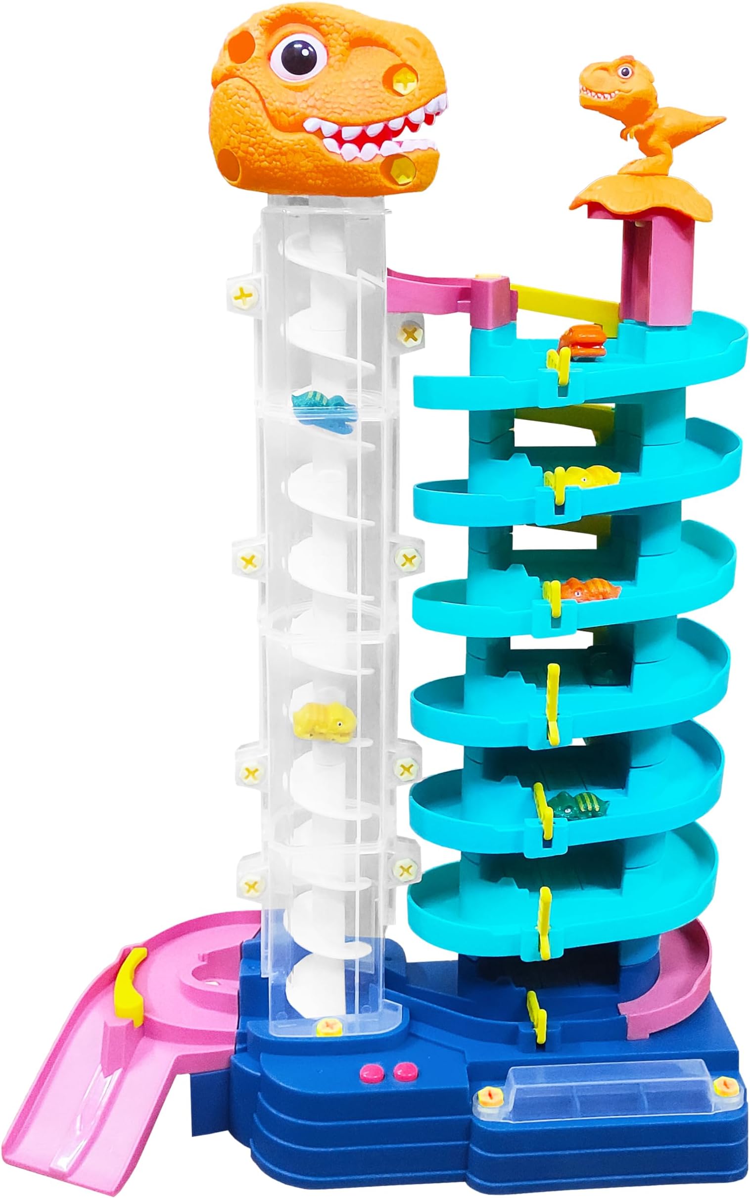 VGRASSP DIY 71 Pcs Dinosaur Themed 7 Floors Car Parking Garage - Kids Adventure Playset Toy with Light and Music - The T-Rex Design Multi Level Rotating Spiral Track - Color As Per Stock