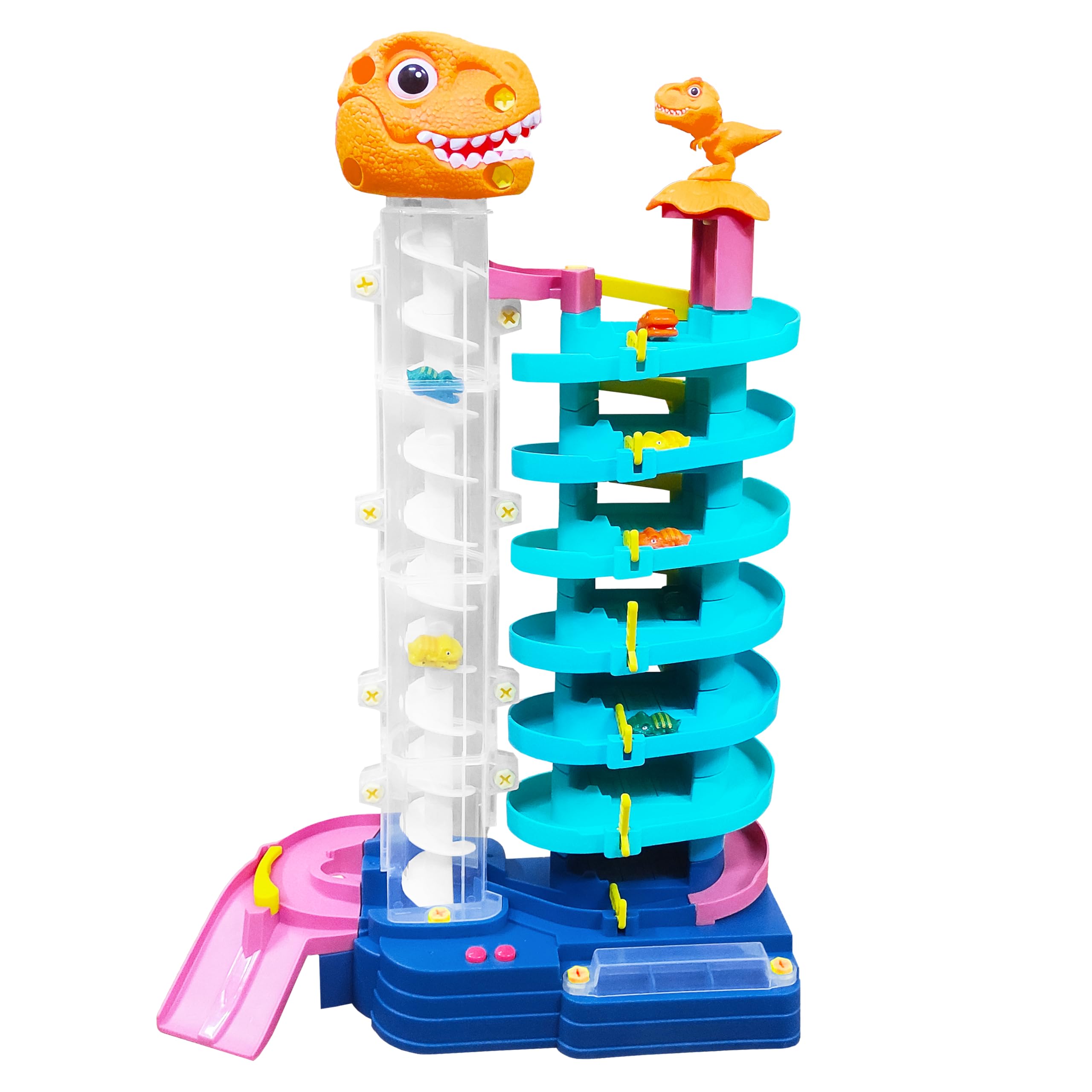VGRASSP DIY 71 Pcs Dinosaur Themed 7 Floors Car Parking Garage - Kids Adventure Playset Toy with Light and Music - The T-Rex Design Multi Level Rotating Spiral Track - Color As Per Stock