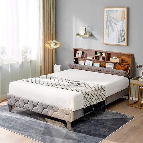 KOMFOTT Base de cama tapizada matrimonial con cabecera de almacenamiento, base de cama de plataforma con estantes abiertos y espacio de