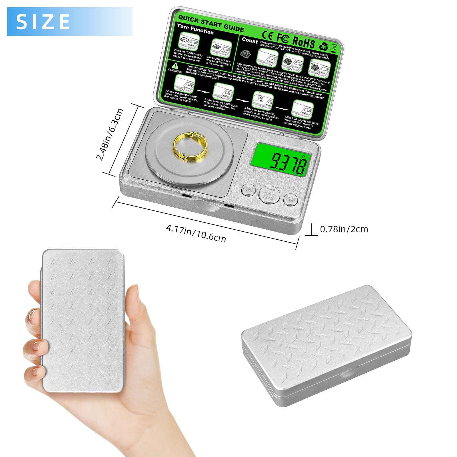 Bilancia digitale tascabile in milligrammi ad alta precisione, 100 g/0,001 g, piccola bilancia per gioielli in grammi, bilancia per monete con peso di calibrazione di 50 g, per medicine in oro/argento