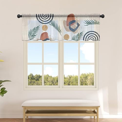 Miniatura 2 de Cortina bohemia semitransparente geométrica para decoración de cocina, sala de estar, moderna de mediados de siglo, cenefa con bolsillo para barra,