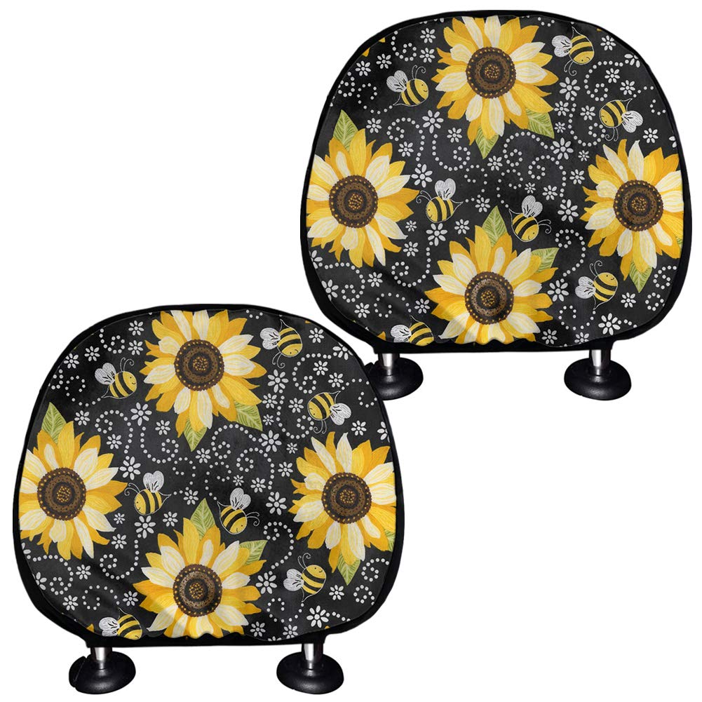 TOADDMOS 2 Pack Sunflower Bee Fashion Design Car Truck SUV Van Headrest Covers,Universal Car Seat Head Rest Protector