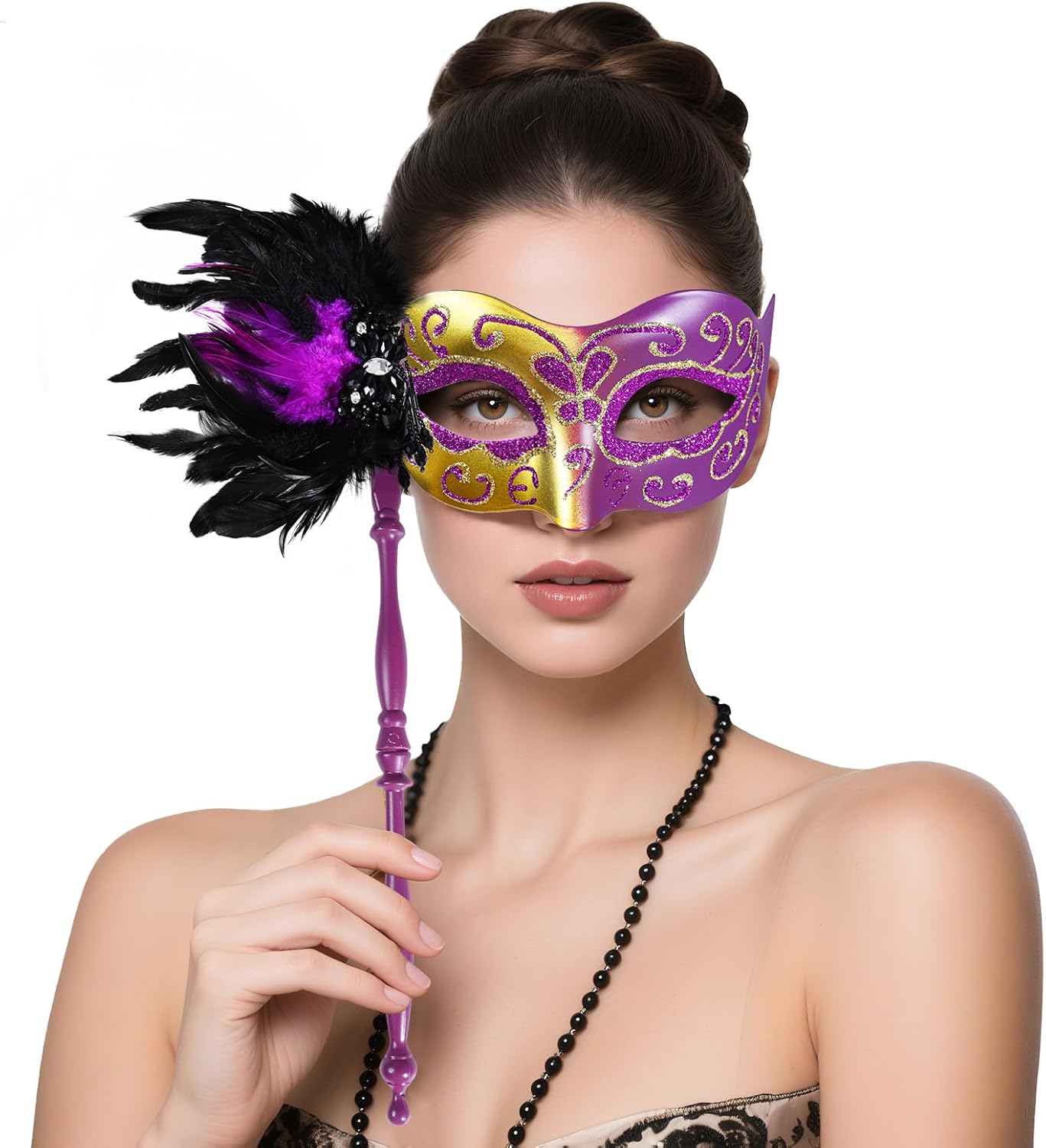 BEARAE Masquerade Mask for Women with Stick, Feather Venetian Masks, Costume Mask for Mardi Gras Gatsby Party Decoration