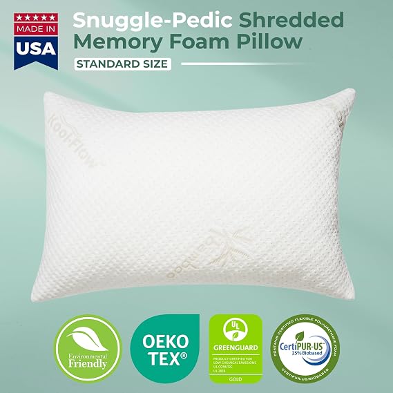 Snuggle-Pedic Standard Shredded Memory Foam Pillow for Sleeping - Cooling and Neck, Back, and Shoulder Support - Ideal for Side Sleepers, Pregnancy, Dorm Rooms, and Travel - USA Quality