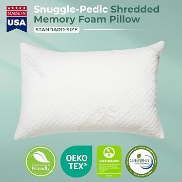 Snuggle-Pedic Standard Shredded Memory Foam Pillow for Sleeping - Cooling and Neck, Back, and Shoulder Support - Ideal for Side Sleepers, Pregnancy, Dorm Rooms, and Travel - USA Quality