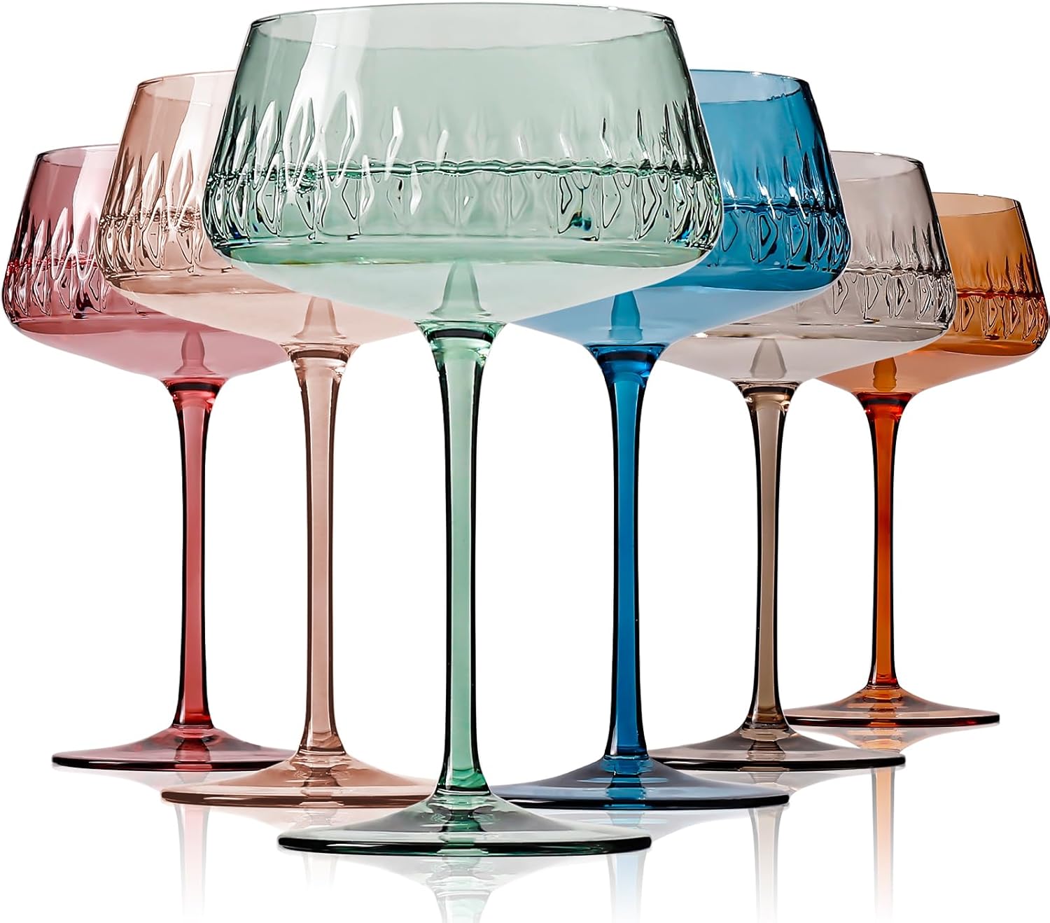 Colored Martini Glasses Set of 6, Hand Blown Colorful Cocktail Glass 14Oz, Large Vintage Champagne Coupe Glasses,Crystal Retro Style Bar and New Year Drinking Glasses, Valentine's Day Gifts