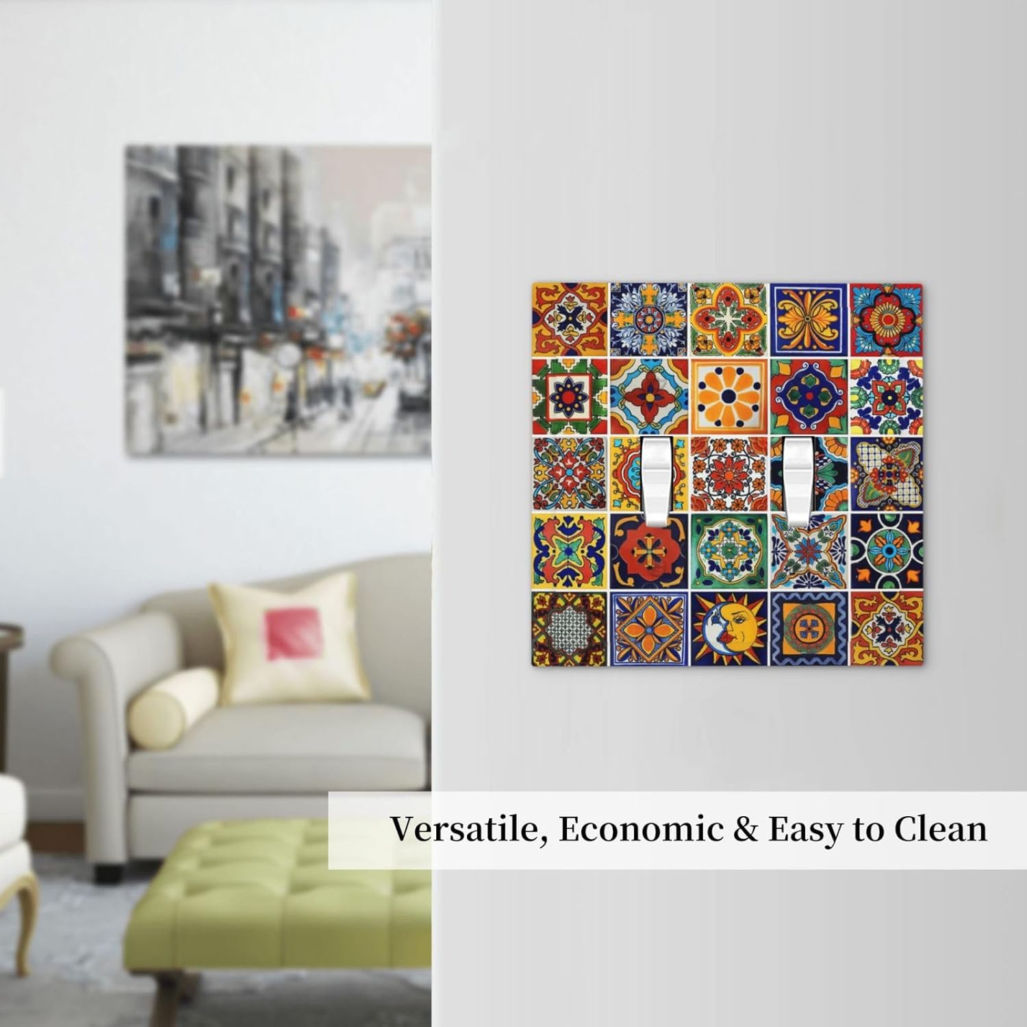 Mexican Talavera Tile Boho Colorful Floral Moroccan Ceramic Bricks Double Toggle Light Switch Covers Decorative 2 Gang Wall Plate Electrical Dual Device Switchplate Dimmer Faceplate Home Decor