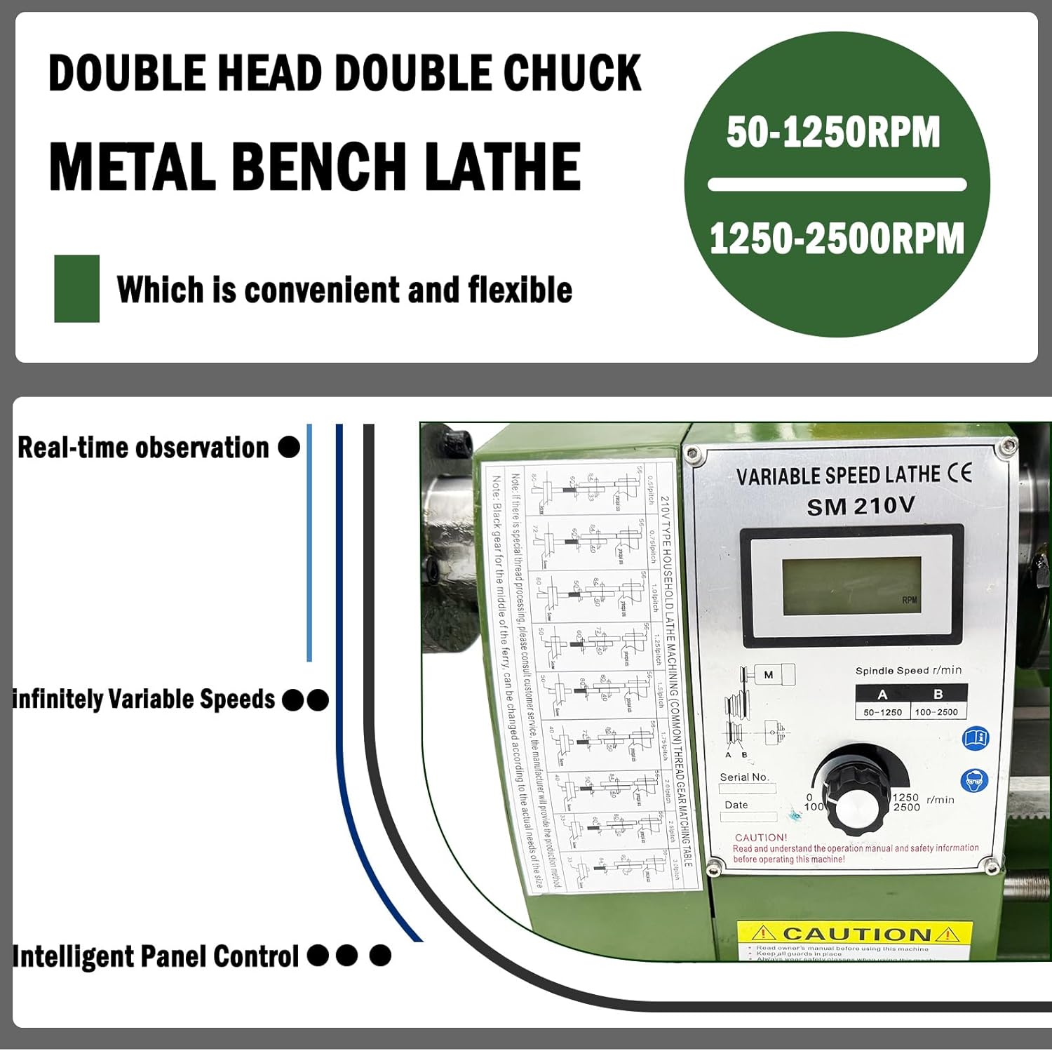 1100W Double Head Double Chuck Precision Metal Bench Lathe 8"×29.5" with Grating Ruler, for Metal Turning 110V