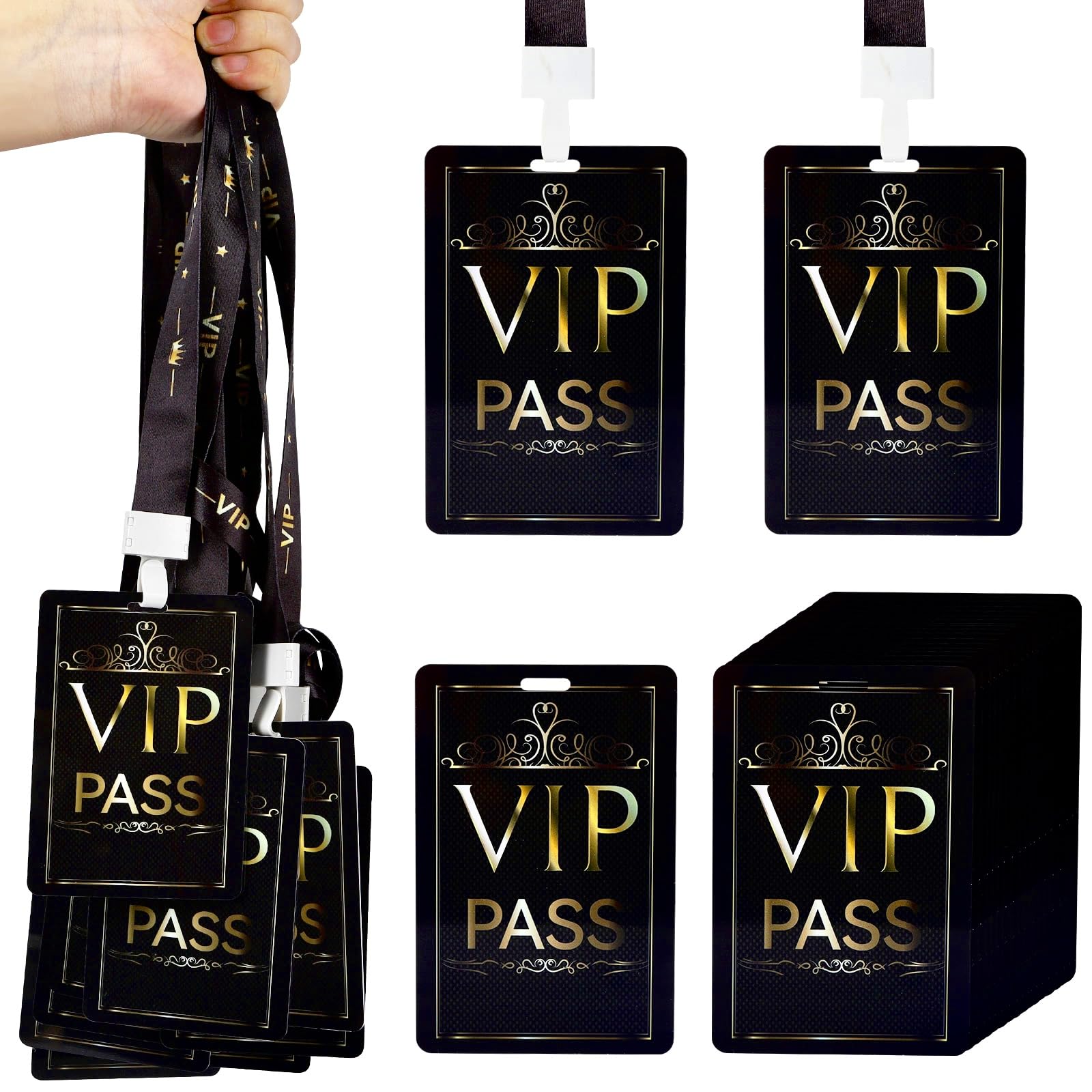 Photo 1 of 10 Sets VIP Badge Lanyard with Card, Plastic VIP Passes with Lanyard Backstage Pass Event Staff Lanyard for Birthday Party, Music Party, Movie Night, Concert Event(Dark Gold)