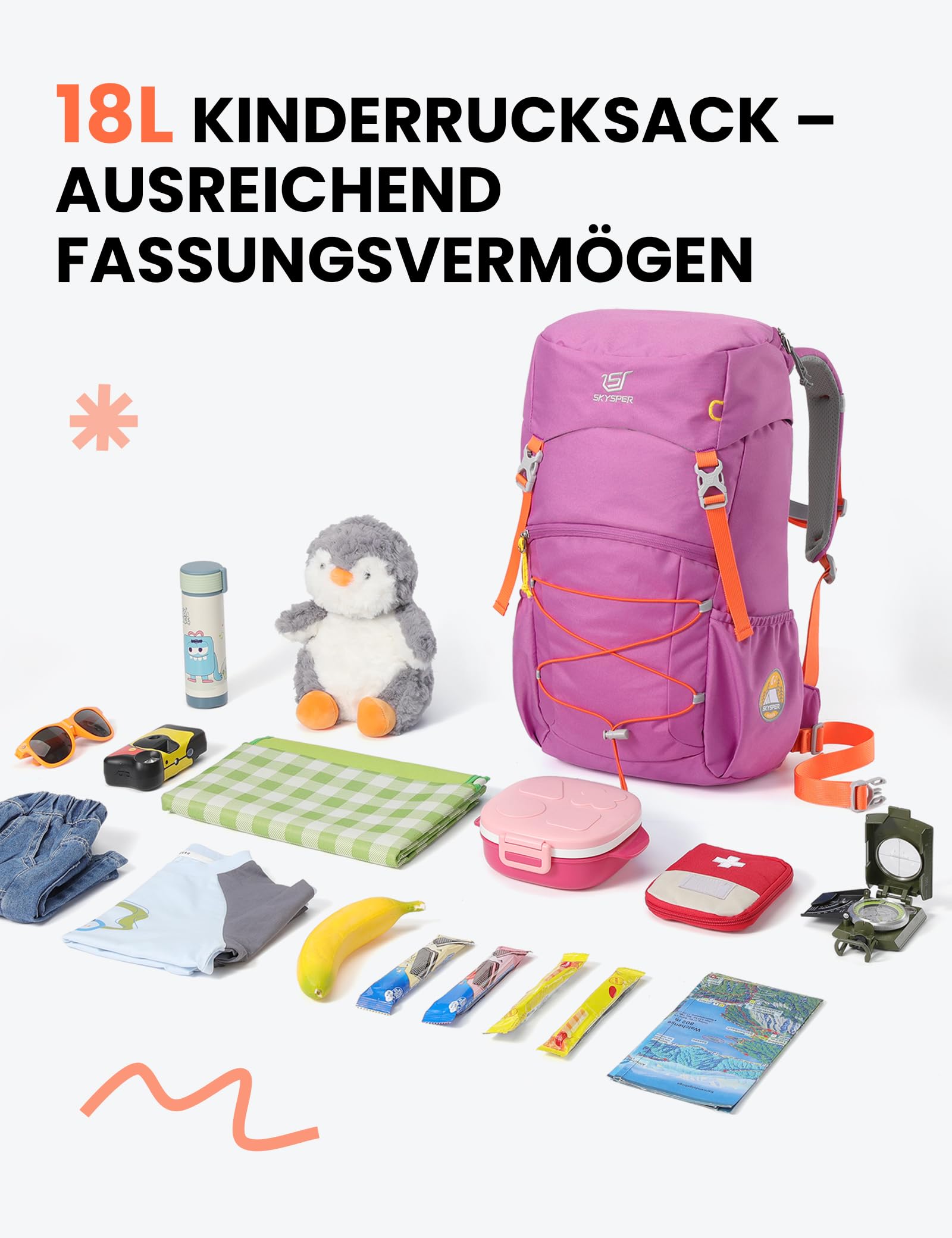 SKYSPER Kinder Wanderrucksack 18L mit Regenschutz für Mädchen Jungen Outdoor