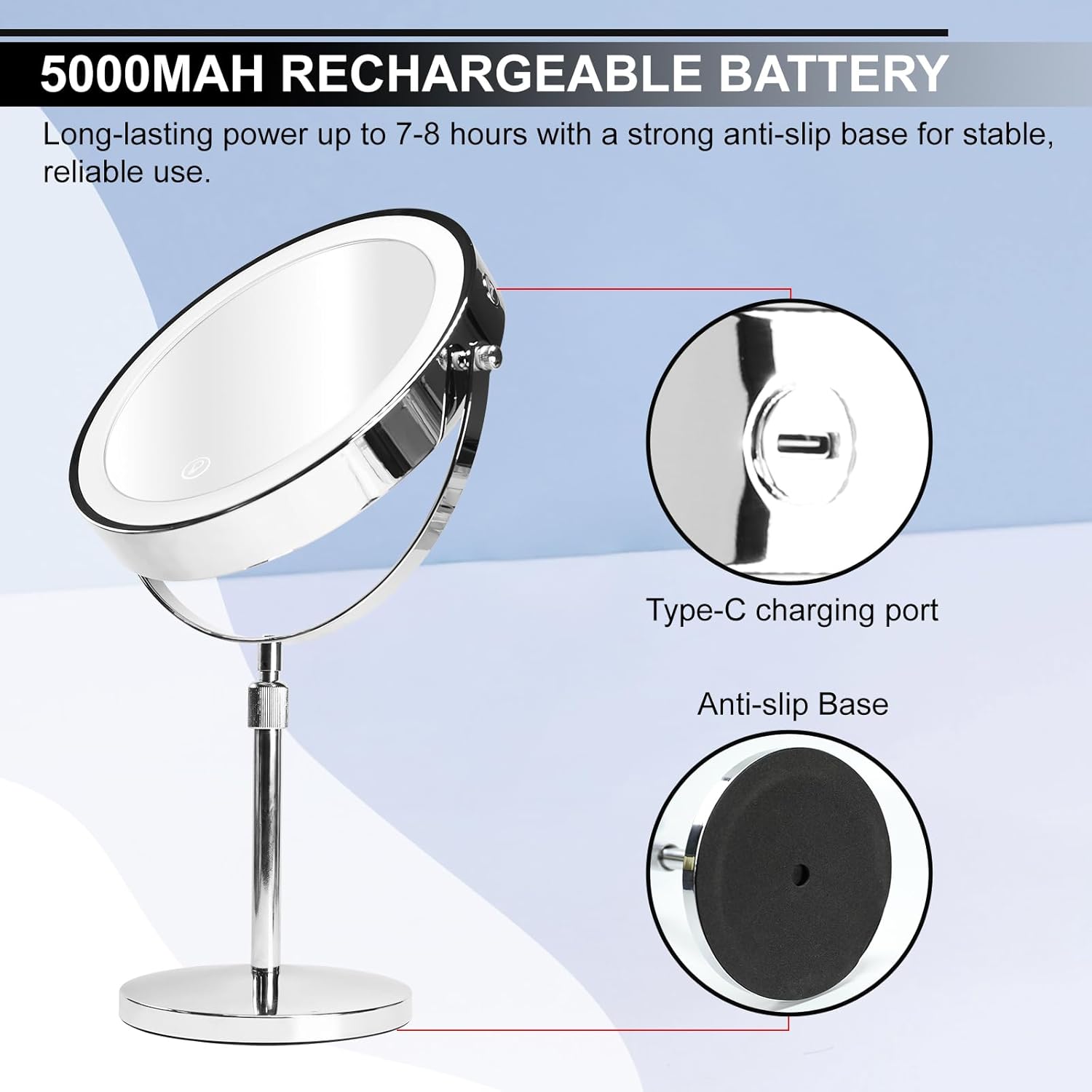DANOPLUS Makeup Mirror with Lights, 9" Large Magnifying Mirror with 1X/10X, 360°Rotation Vanity Mirror, 3 Color Brightness Adjustable Light Up 5000mAh Rechargeable, Double-Sided, Gift for Women