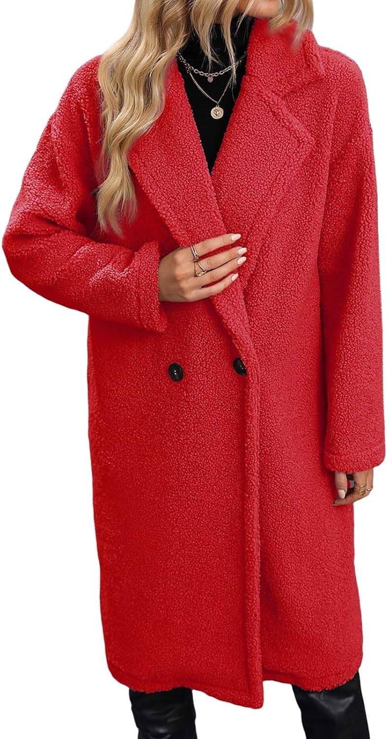 Womens Fuzzy Fleece Jacket Sherpa Trench Coat Trendy Double Lapel Open Front Long Button Down Faux Fur Cardigan