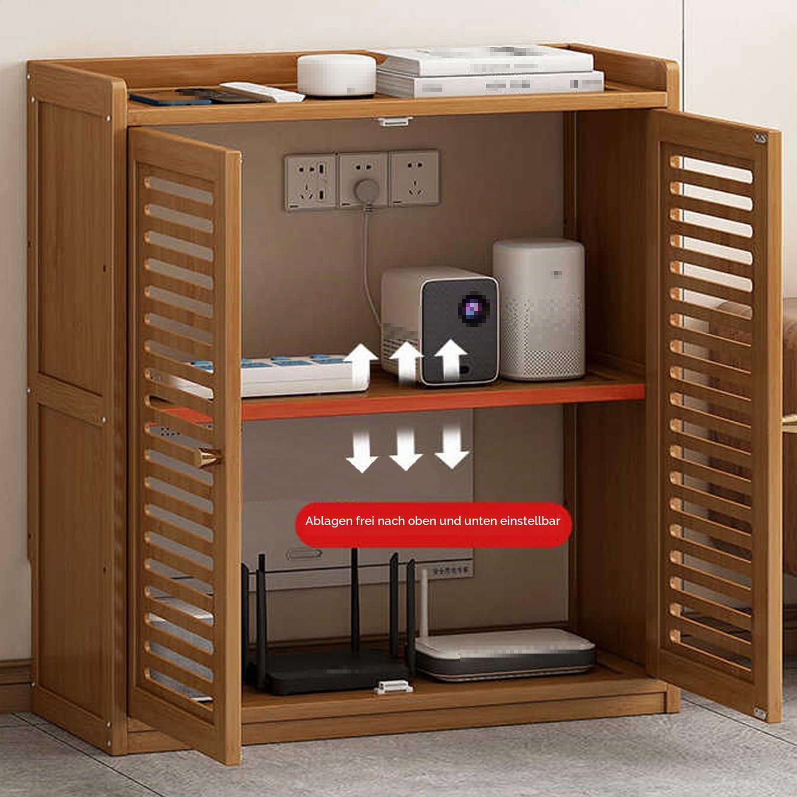 Router Schrank Verdicktes Bambusmaterial Magnetisches Türdesign | Verstellbare Regale Multifunktional Router Aufbewahrungsbox für Büro und Haus(White,59*25*97cm)