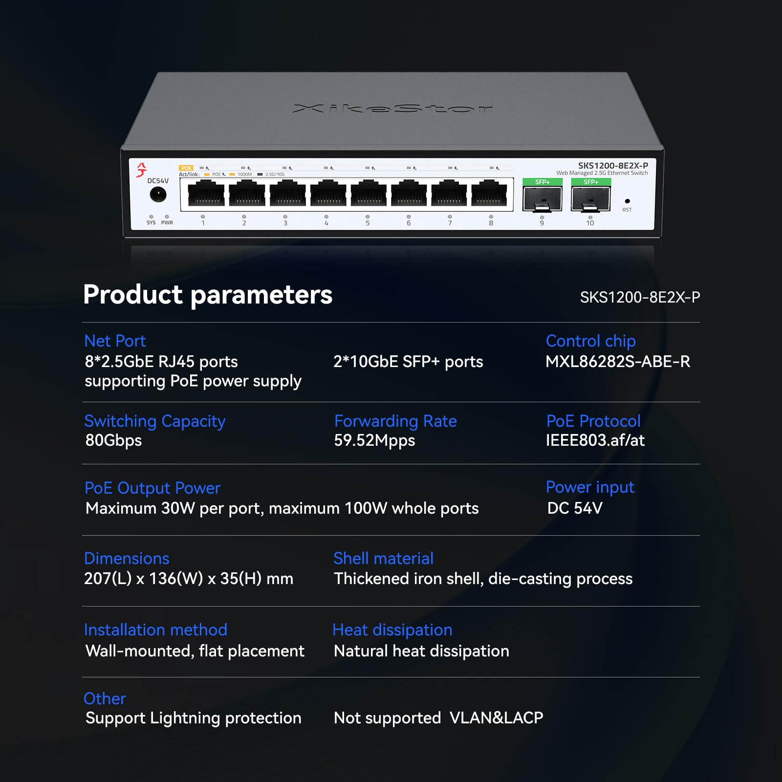 XikeStor Switch Ethernet Non Gestito 8 Porte 2.5G PoE+ IEEE802.3af/at PoE 100W Ventola Silenziosa 2.5Gb per AP VoIP Telefono IP Telecamera NVR