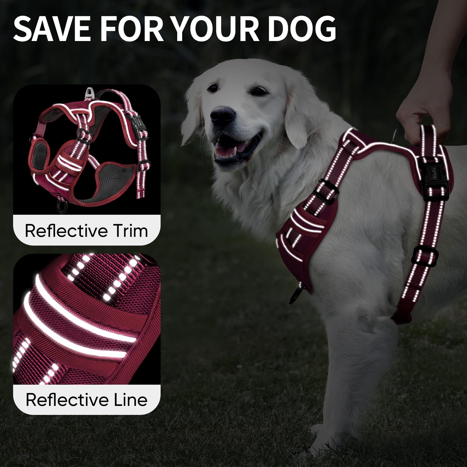 Visita lo Store di HEELE HEELE Pettorina Cane Taglia Media Riflettente Pettorina Addestramento Cani Anti Tiro con 2 Ganci in Metallo + Comodo Maniglia, Gilet per Cani Regolabile per Camminare, Rosso Borgogna, M in use