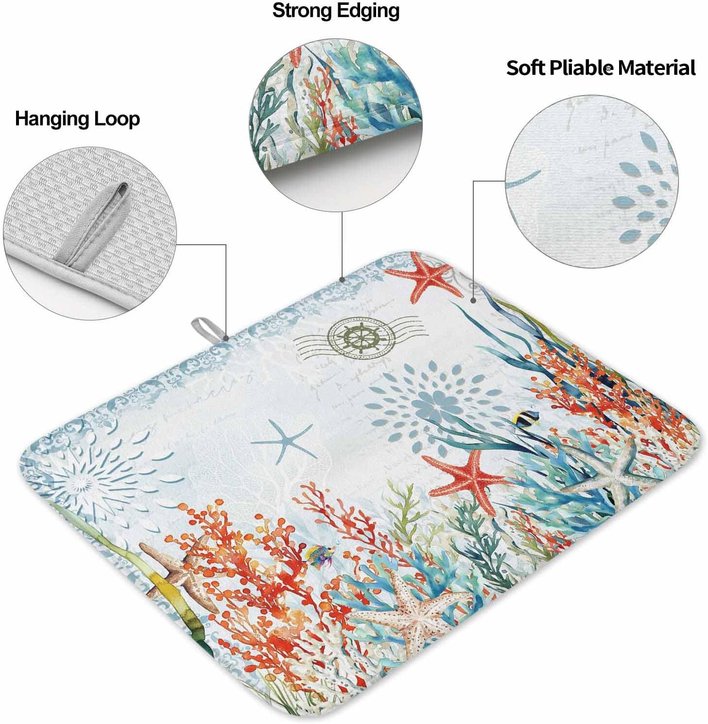 Dish Drying Mat Set of 2 Ocean Coral Seagrass Microfiber Absorbent Reusable Washable Dish Drying Rack Mat Summer Blue Coffee Mat for Coffee Maker Bar Kitchen Countertops 16x18inch
