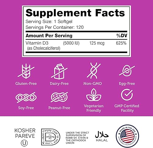 Miniatura 5 de Zahler - Cápsulas blandas avanzadas de vitamina D3 de 5000 UI (120 unidades) Kosher Vitamina D apta para vegetarianos para apoyo inmunológico,